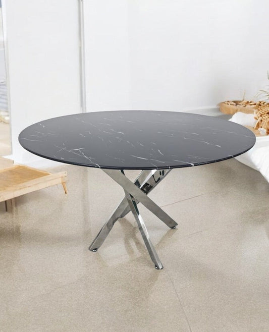 Table à manger Olivia ronde argent marbre noir