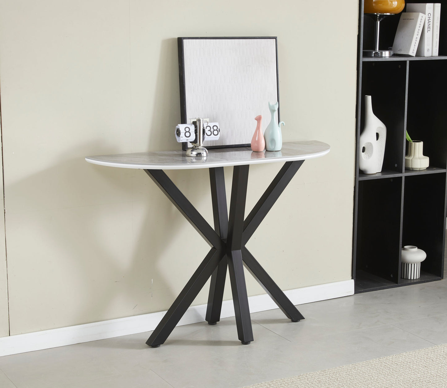 Console Ophelia plateau céramique marbre gris et pieds en acier inoxydable noir 1m20