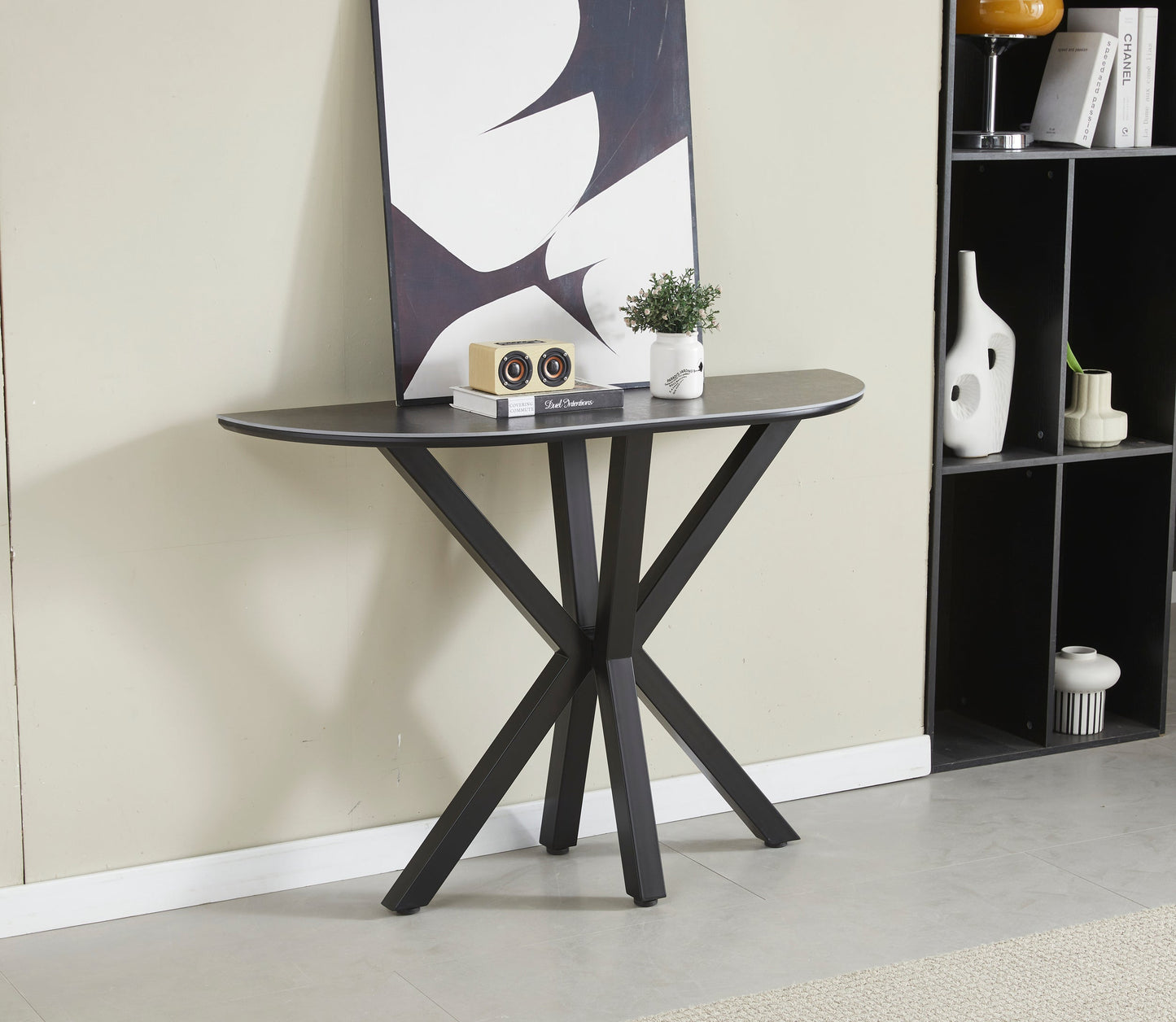 Console Ophelia plateau céramique marbre noir et pieds en acier inoxydable noir 1m20