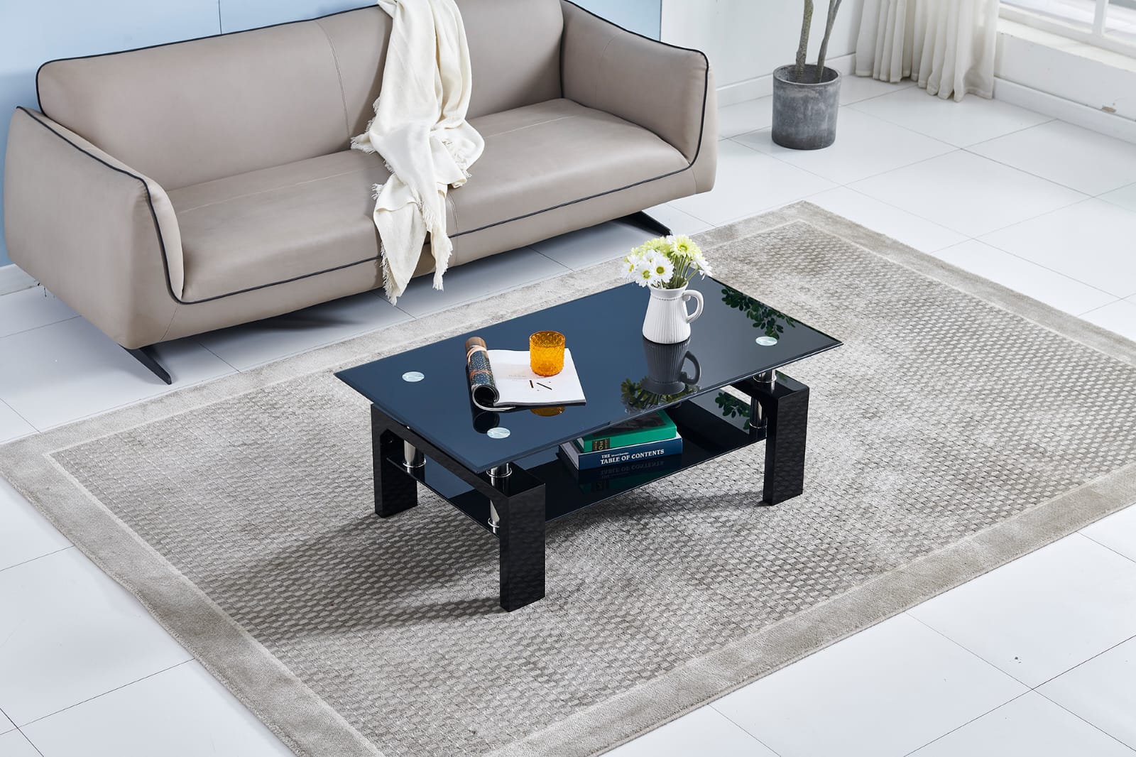 Gloria Rechteckiger schwarzer Couchtisch mit schwarzen Beinen 110 cm