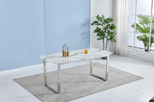 Table à manger Lola rectangulaire arrondie argent marbre blanc