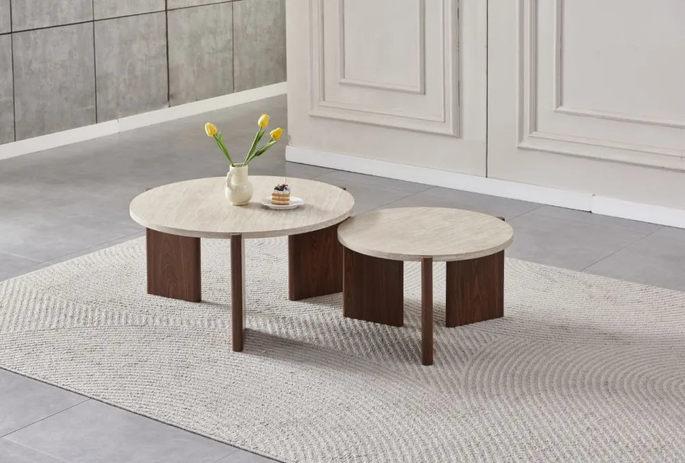 Table basse duo Zora travertin noyer MDF 60-80cm