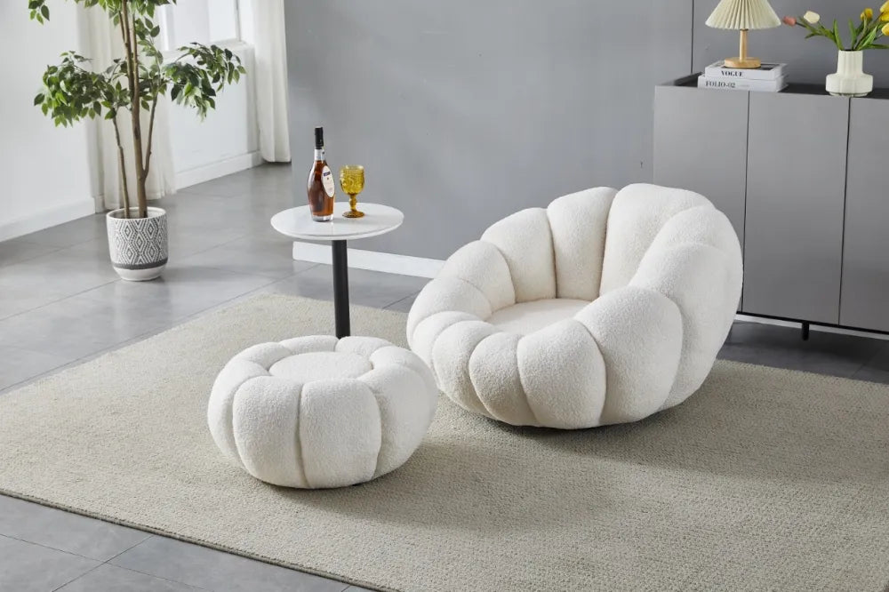 Fauteuil pivotant avec pouf laine bouclée Cozy