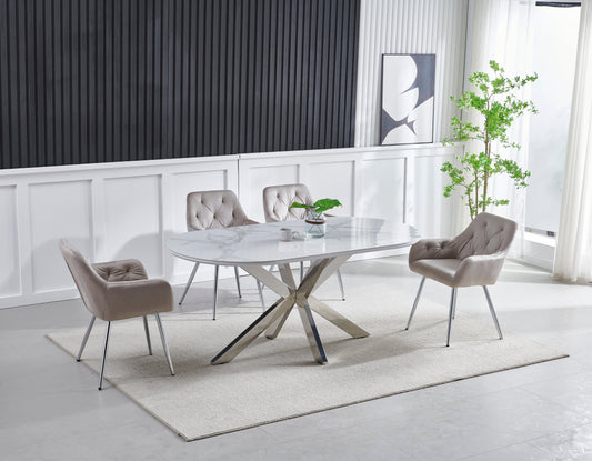 Table à manger Ophélia ovale argent céramique marbre blanc
