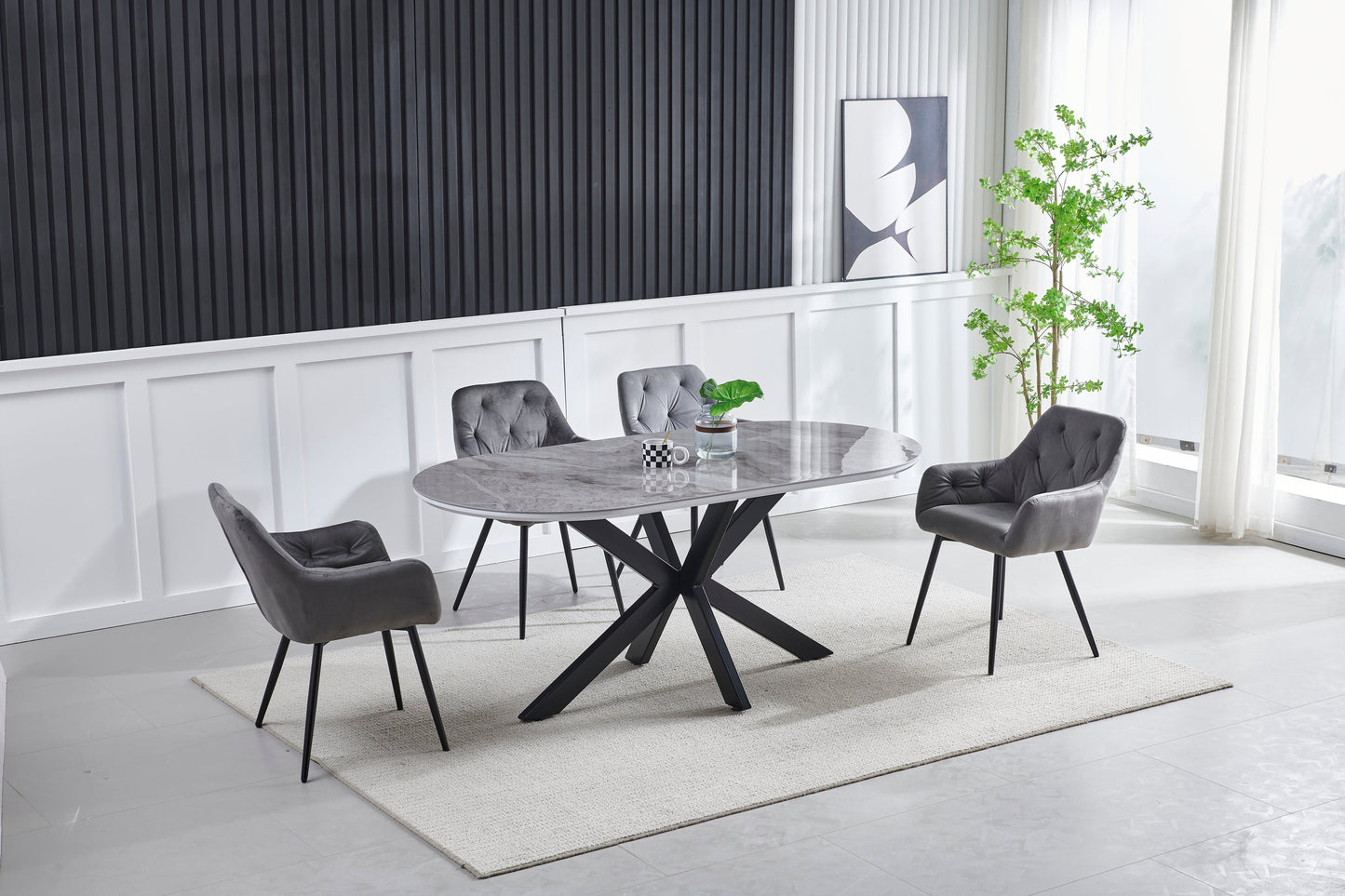 Ophelia oval black ceramic dining table black marble 1m50