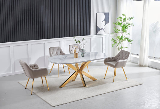 Table à manger Ophélia ovale doré céramique marbre blanc
