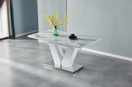 Table à manger rallonge V rectangulaire argent marbre beige 1m60-2m