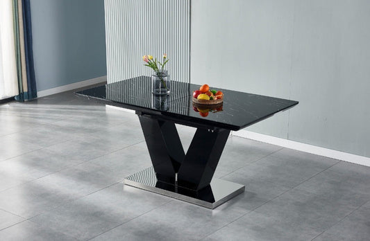 Table à manger rallonge V rectangulaire argent marbre noir 1m60-2m
