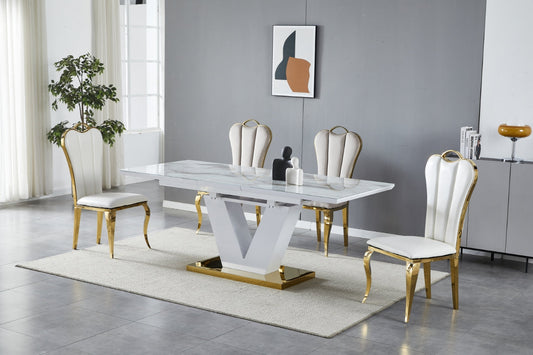 Table à manger rallonge V rectangulaire doré marbre beige 1m60-2m