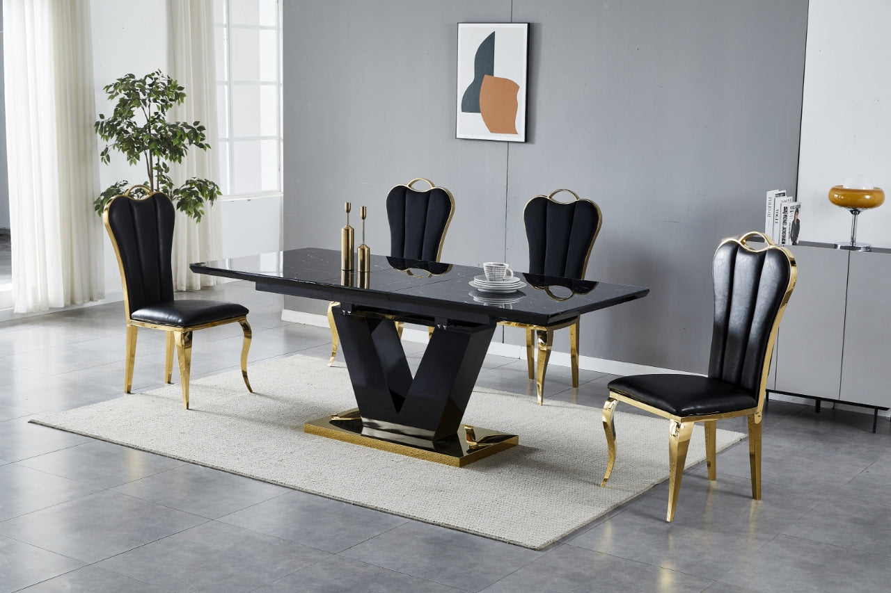 Table à manger V à rallonge marbre beige pied chrome 160-200cm