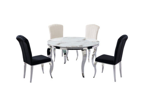 Table à manger Baroque ronde argent marbre blanc 1m30