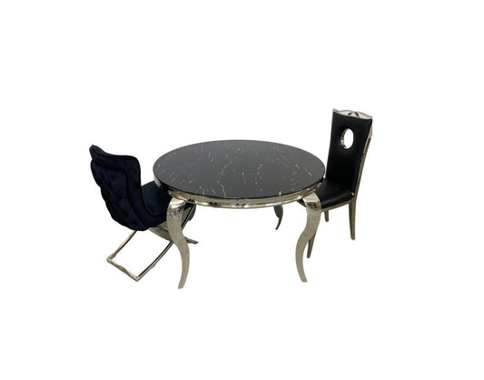 Table à manger Baroque ronde argent marbre noir 1m30