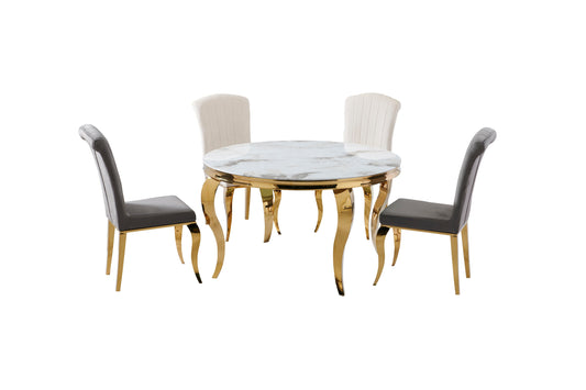 Table à manger Baroque ronde doré marbre blanc 1m30