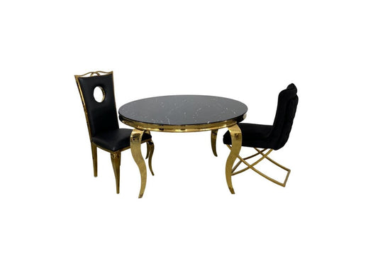 Table à manger Baroque ronde doré marbre noir 1m30