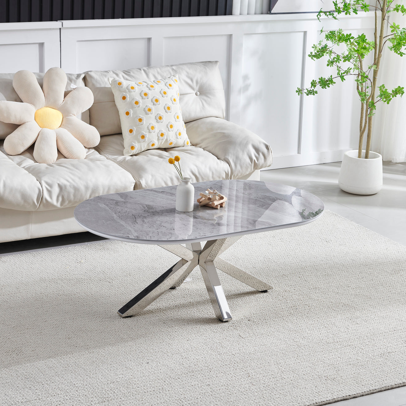Ophelia Couchtisch, oval, Keramik, grauer Marmor, silberne Beine, 1 m2