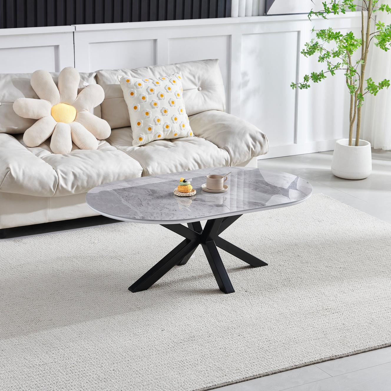 Ophelia Couchtisch, oval, Keramik, grauer Marmor, schwarze Beine, 1 m2