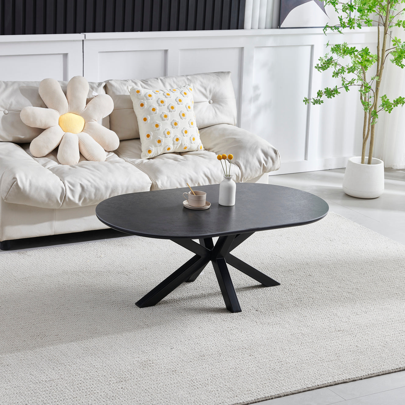 Ophelia Couchtisch, oval, schwarze Keramik, schwarze Beine, 1 m20