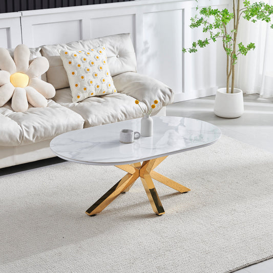 Table Basse Ophelia ovale céramique marbre blanc et pieds en acier inoxydable doré 1m20