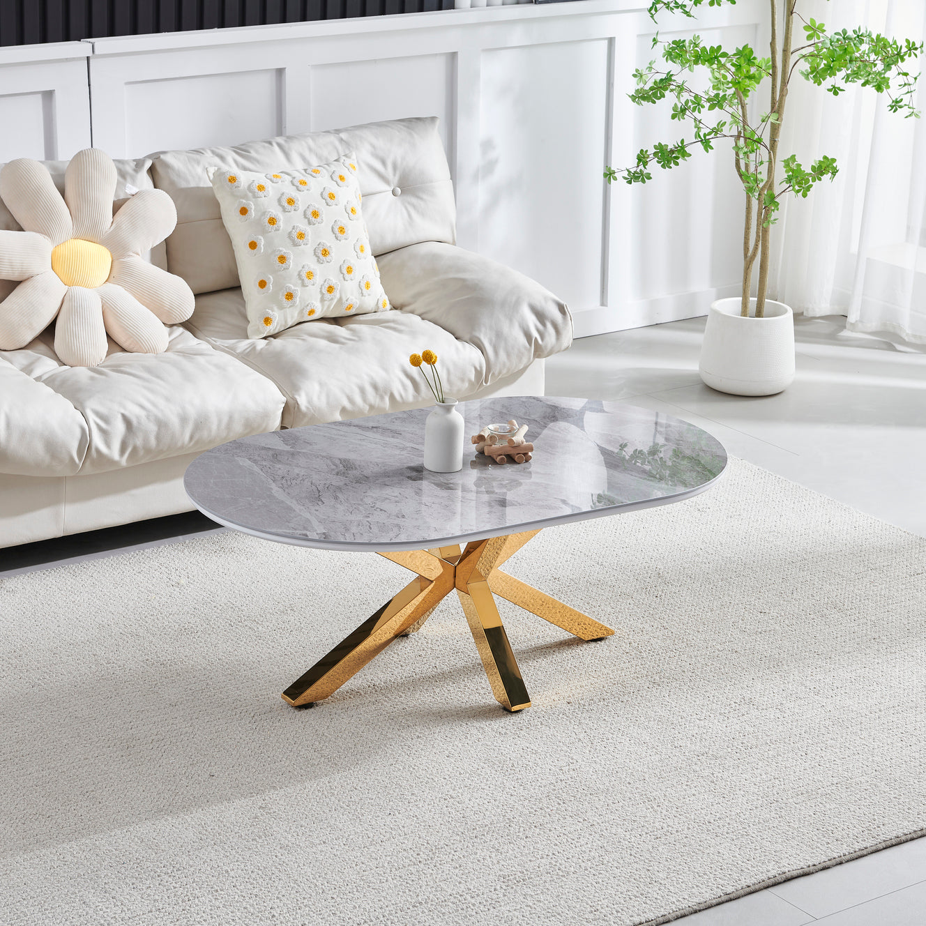 Ophelia Couchtisch, oval, Keramik, grauer Marmor, goldene Beine, 1 m20