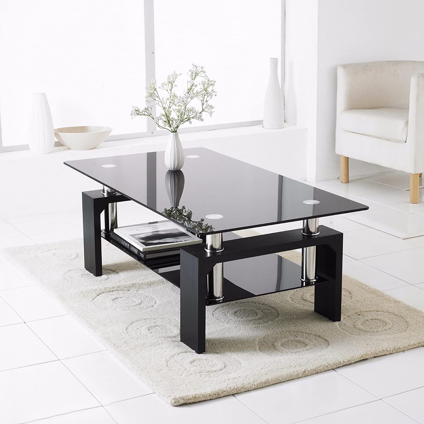 Table Basse Gloria rectangulaire verre trempé transparent et pieds noir 110cm