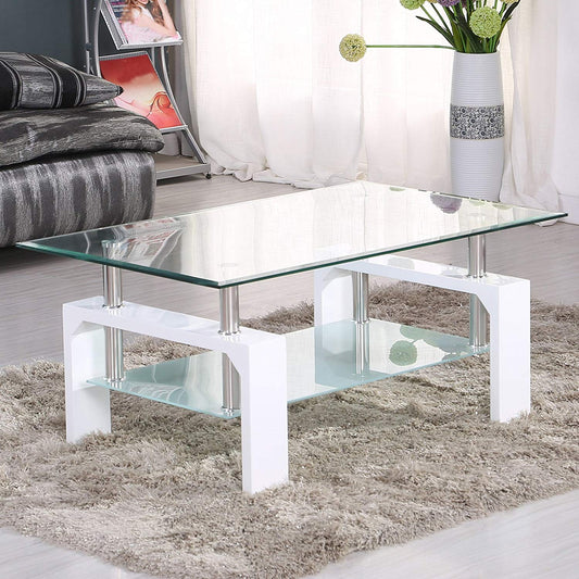 Table Basse Gloria rectangulaire verre trempé transparent et pieds blanc 110cm