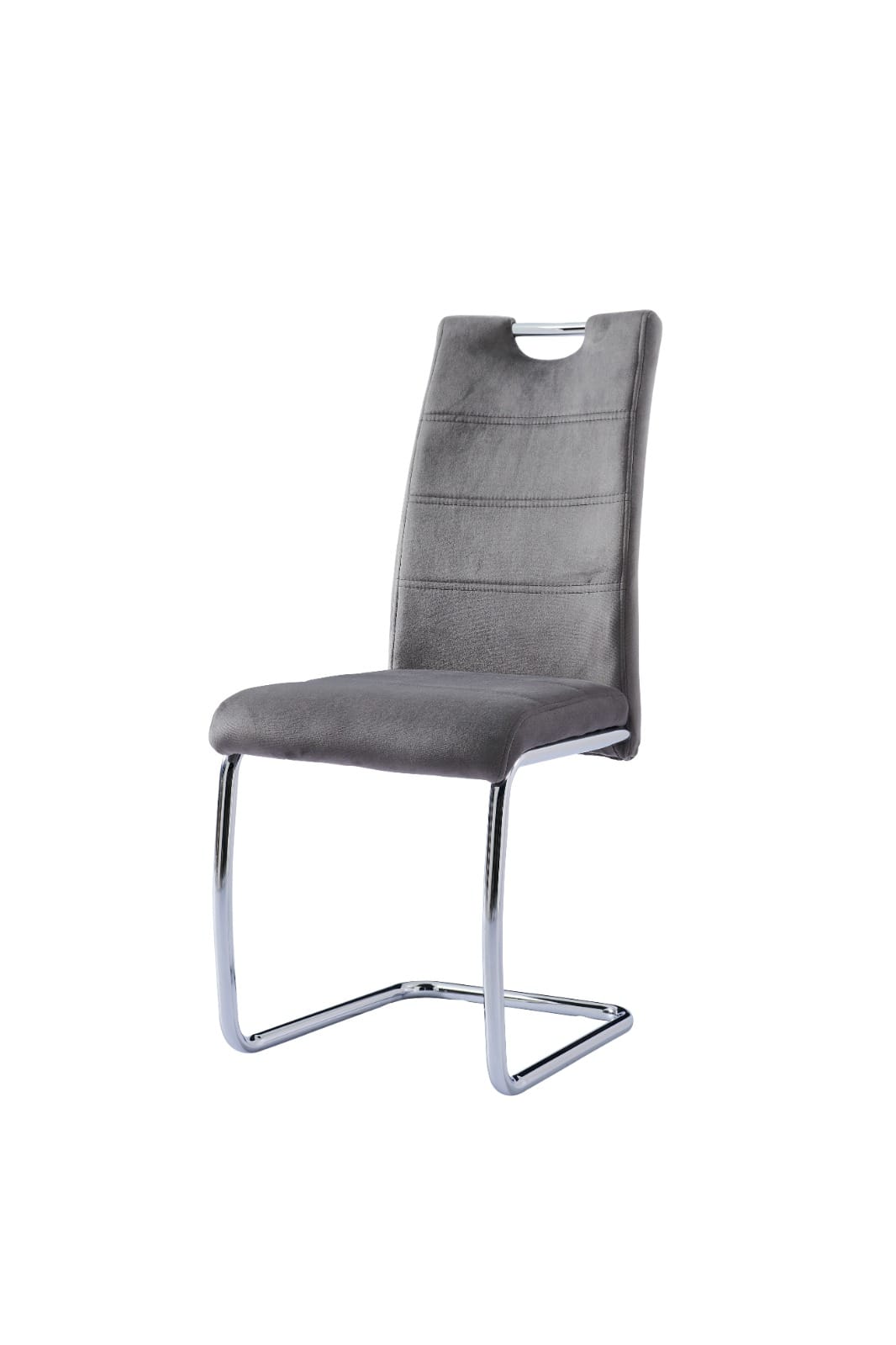 Chaise 103 velours gris pieds en acier inoxydable argenté