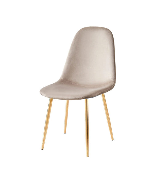 Chaise Scandi velours taupe pieds en acier inoxydable doré