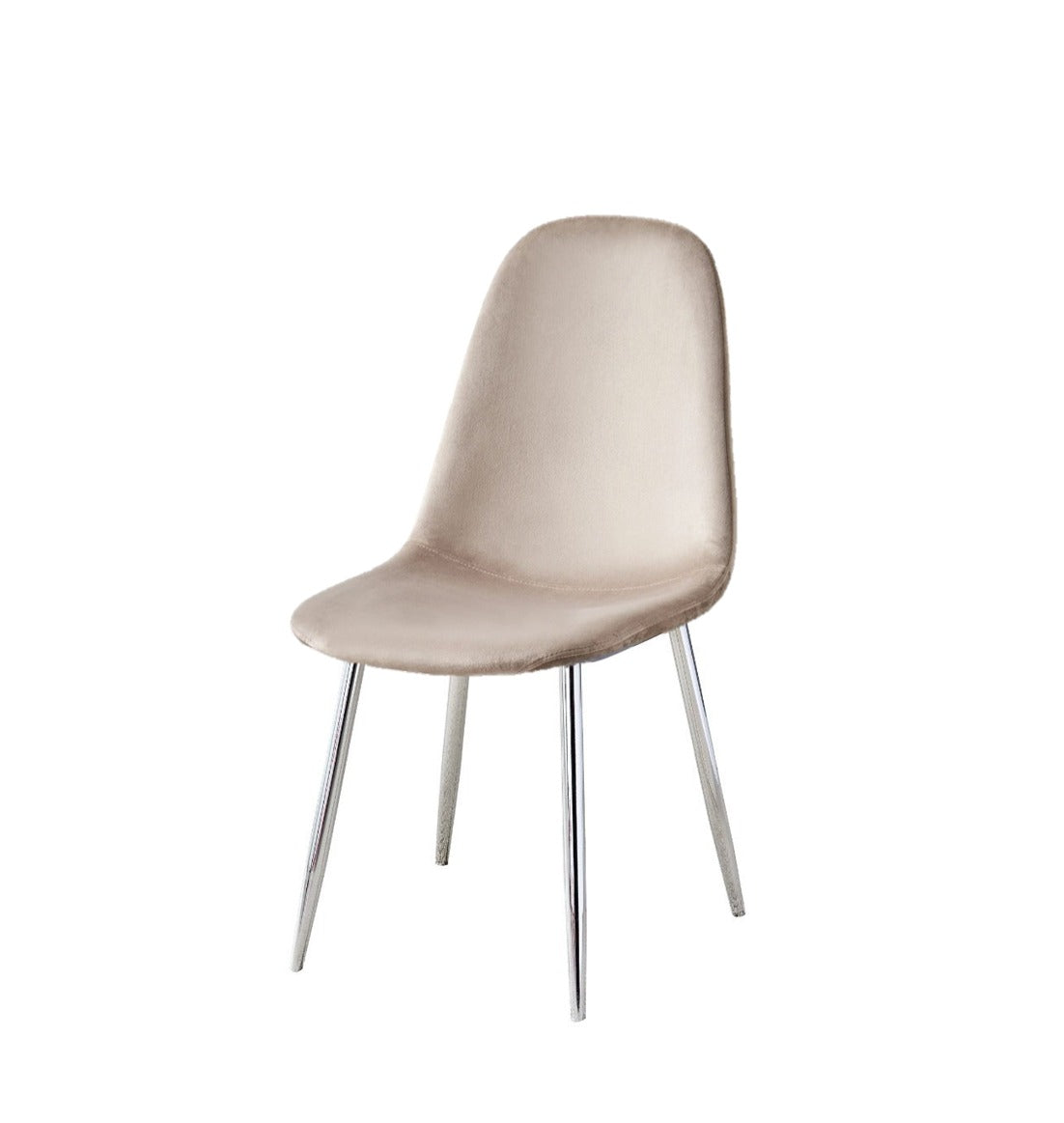 Chaise Scandi velours taupe pieds en acier inoxydable argenté