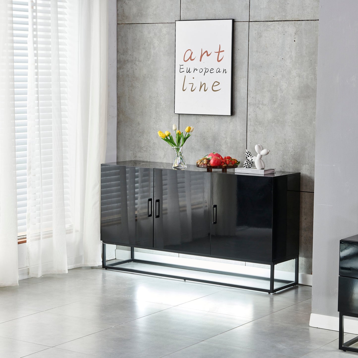 Buffet Alya rectangulaire bois laqué noir et pieds en acier inoxydable noir 150cm