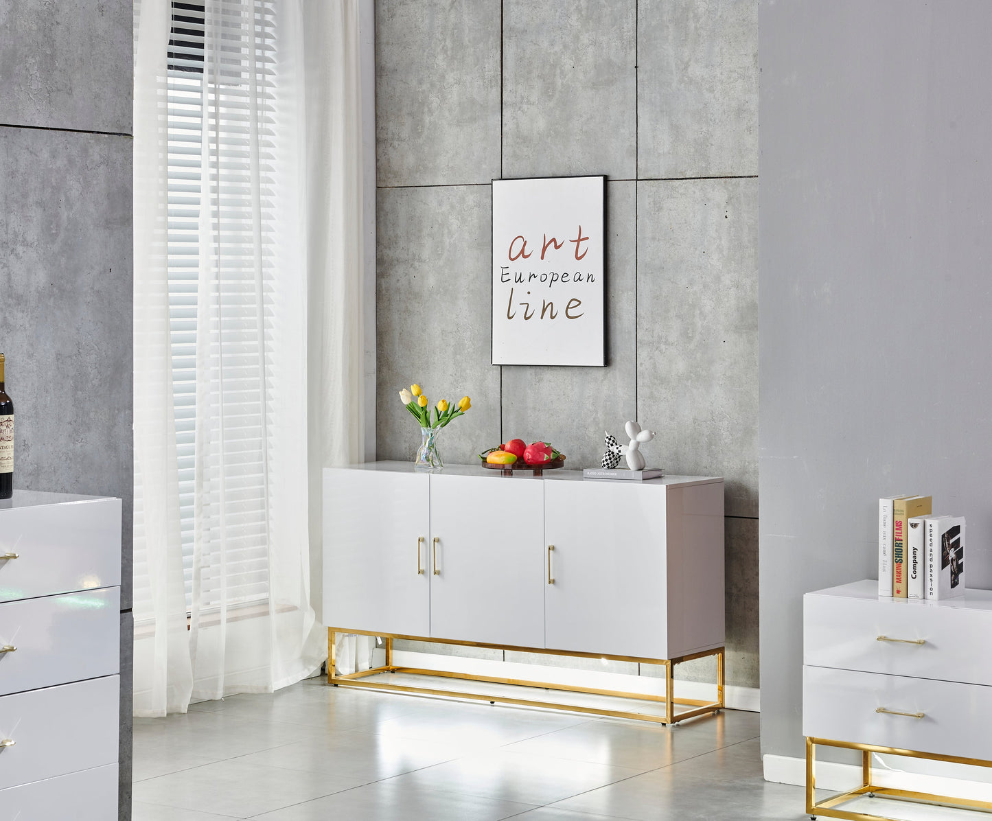 Buffet Alya rectangulaire bois laqué blanc et pieds en acier inoxydable doré 150cm