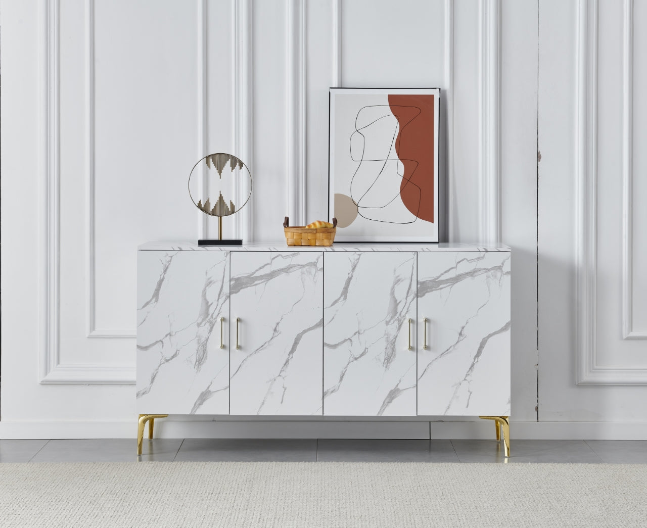 Buffet Marbella Rectangulaire bois laqué effet marbre blanc et pieds en acier inoxydable doré 160cm