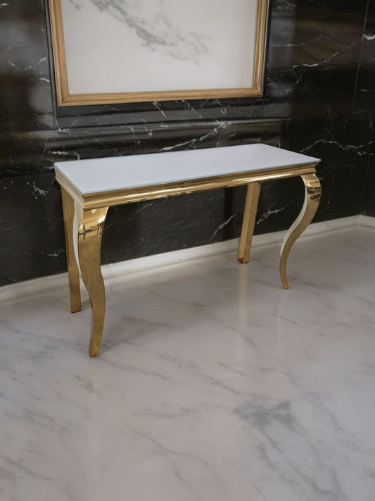 Console Baroque rectangulaire verre trempé blanc et pieds en acier inoxydable doré 120cm