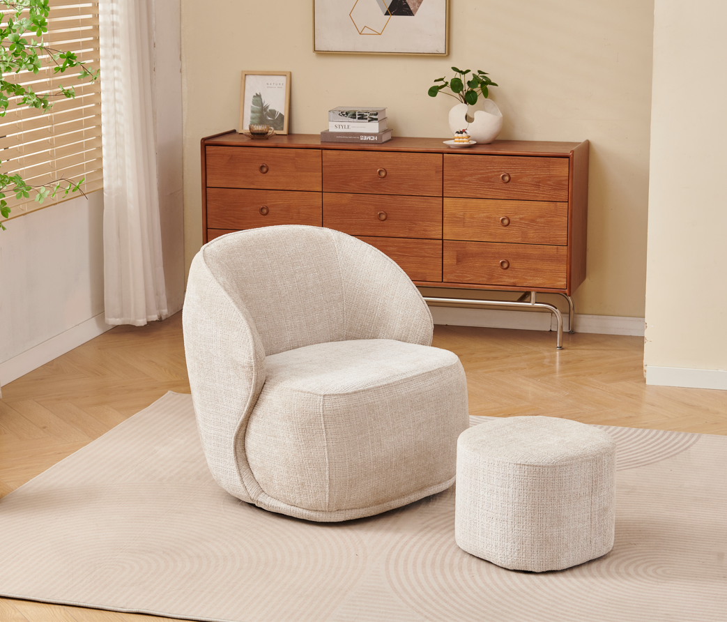 Fauteuil pivotant Elsa avec pouf velours peau de pêche beige