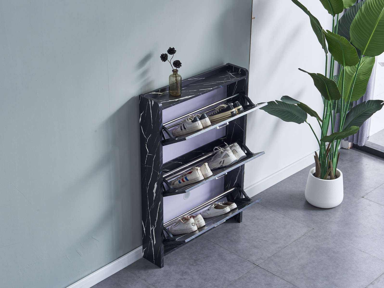 Black marble wood shoe cabinet with drawers Black marble