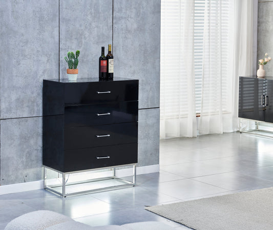 Commode Alya en bois laqué noir et pieds en acier inoxydable argenté