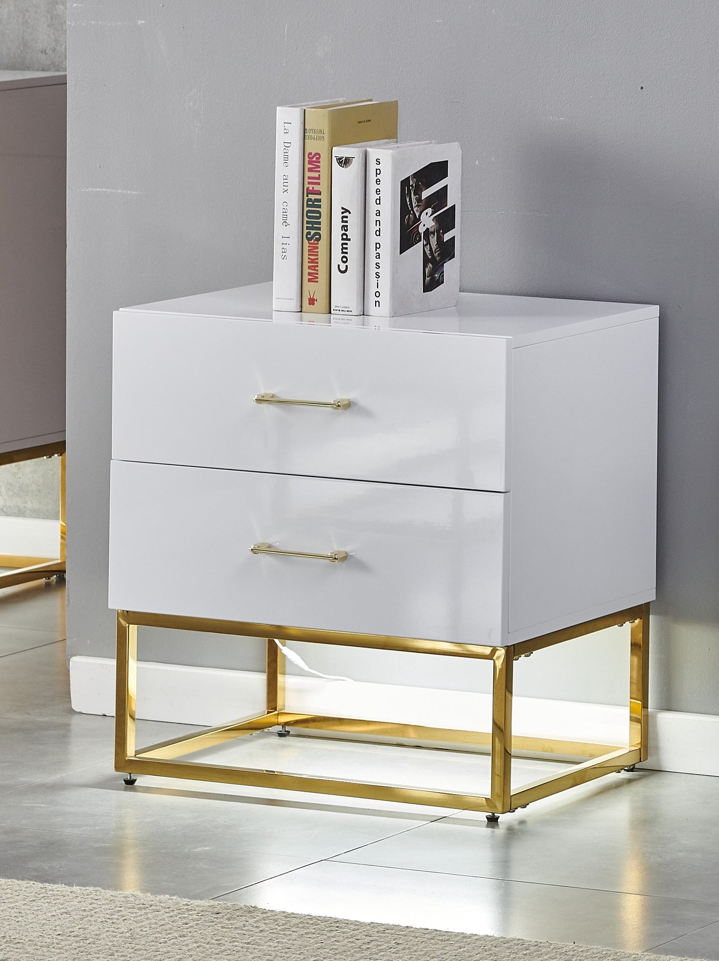 Alya white bedside table with gold legs