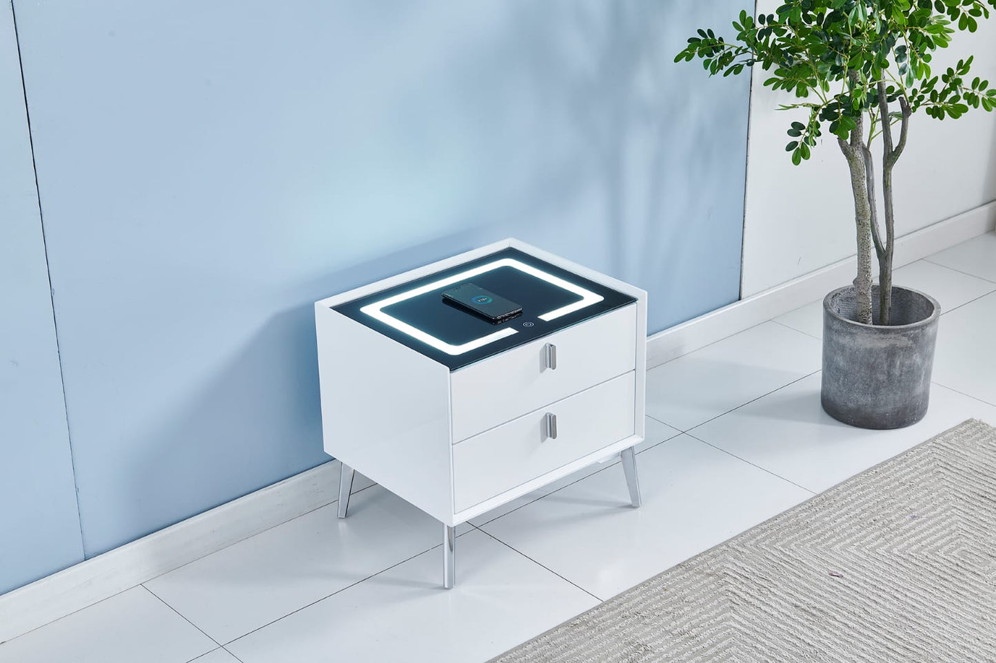 Grey LED induction bedside table with black feet