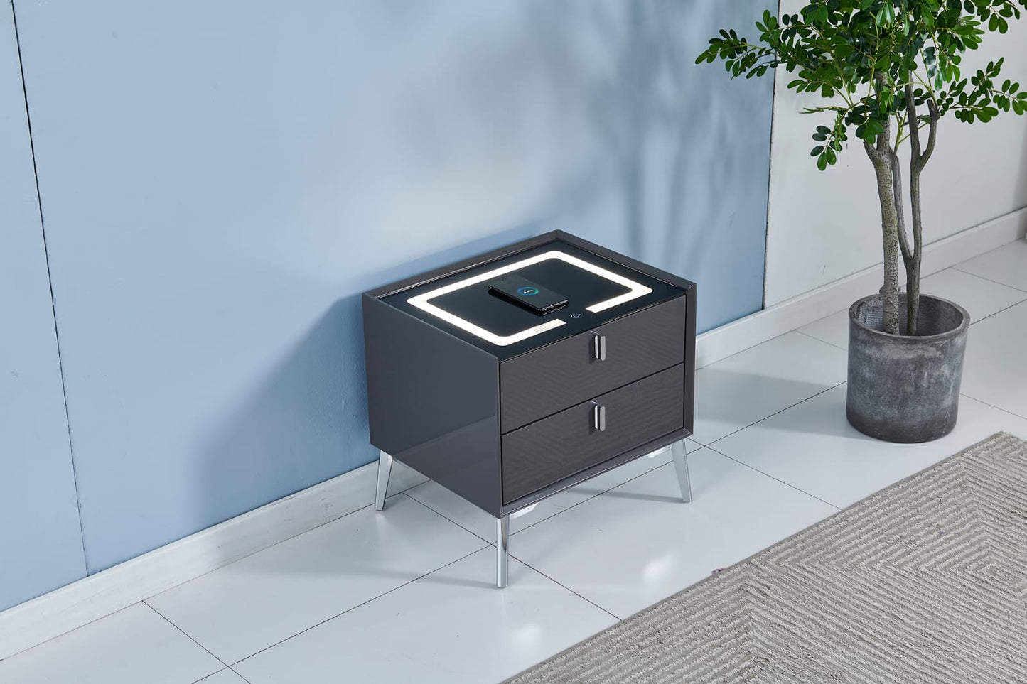 Grey LED induction bedside table with black feet