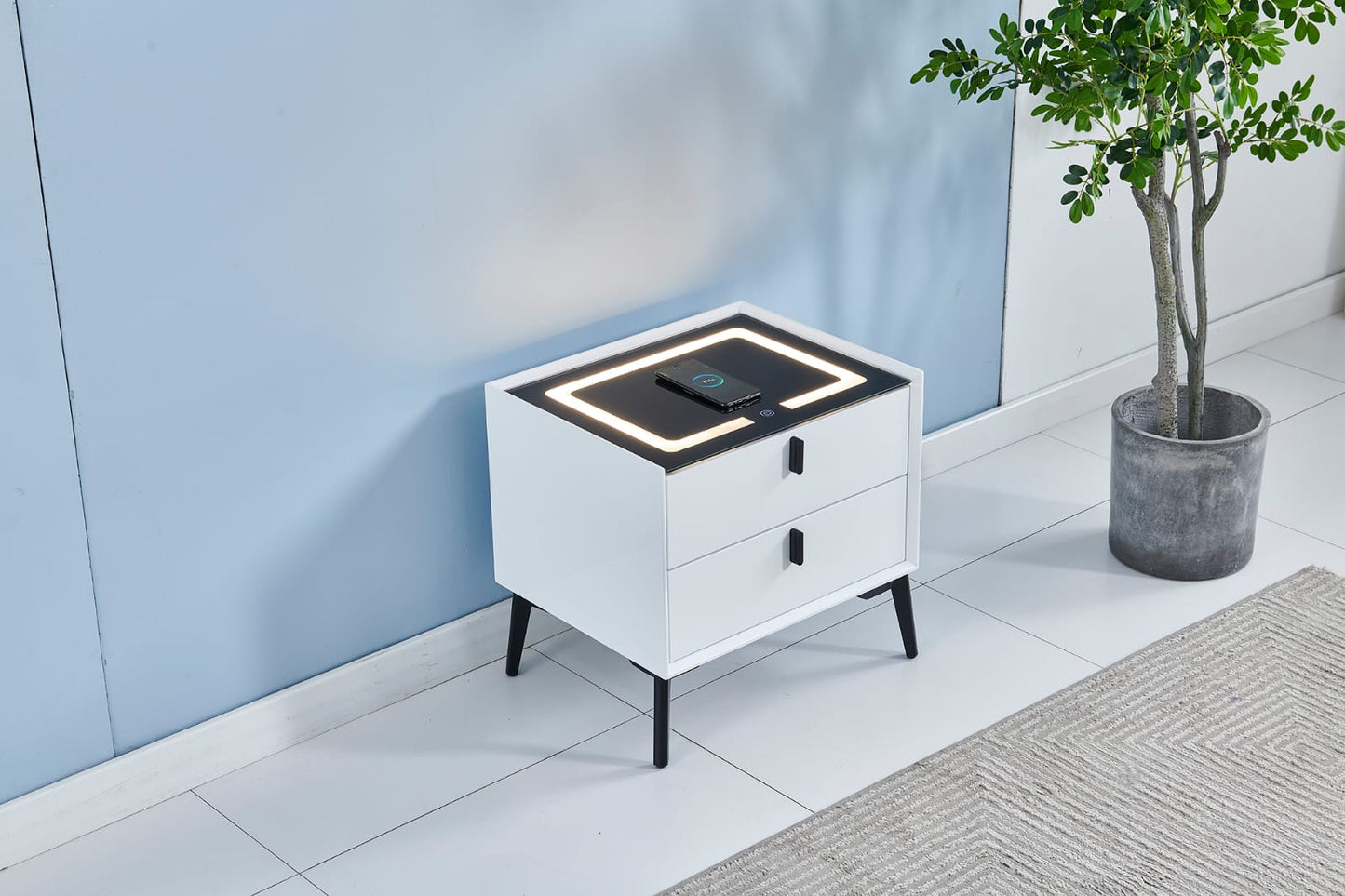 Grey LED induction bedside table with silver feet