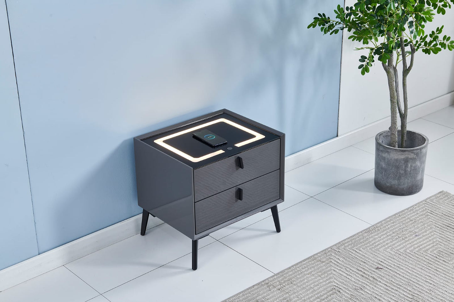 Black LED induction bedside table with gold feet