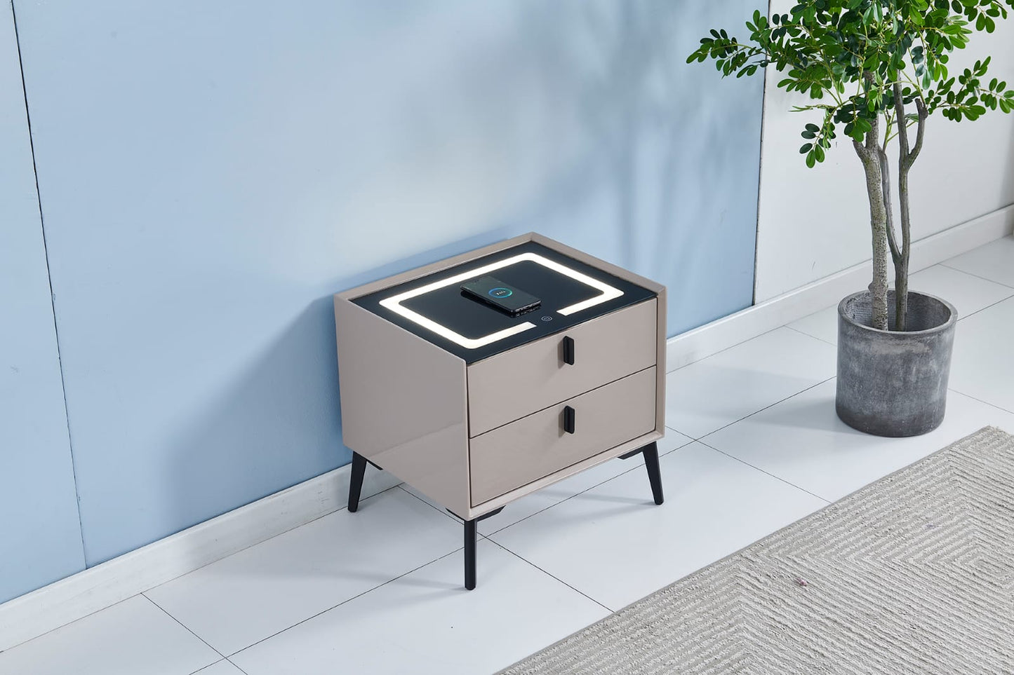 Grey LED induction bedside table with silver feet