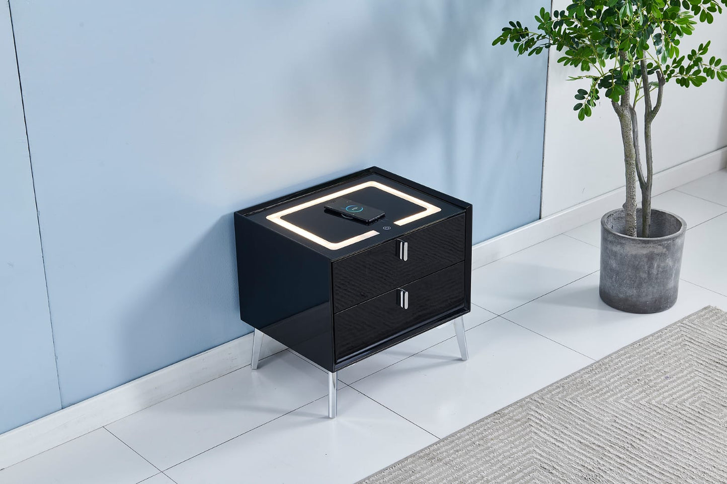 Black LED induction bedside table with gold feet