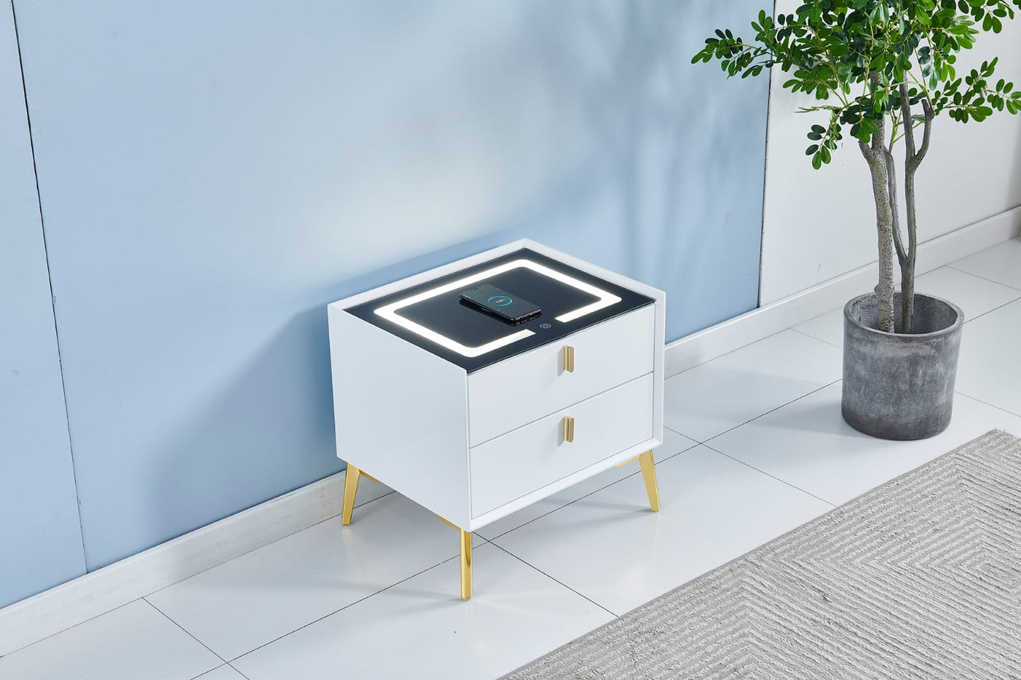 Grey LED induction bedside table with black feet