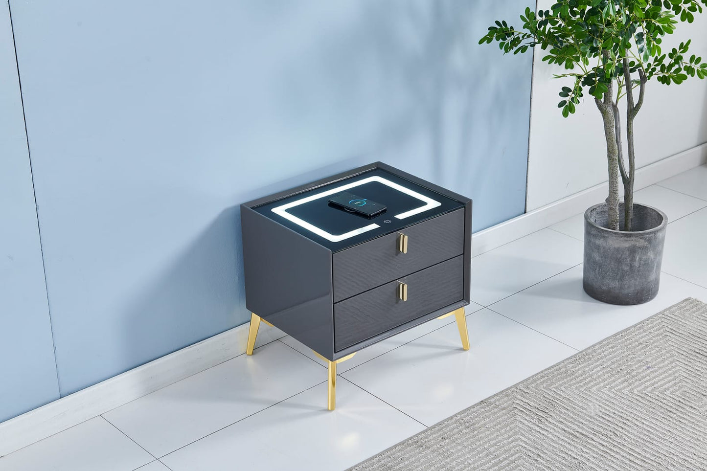 Black LED induction bedside table with gold feet