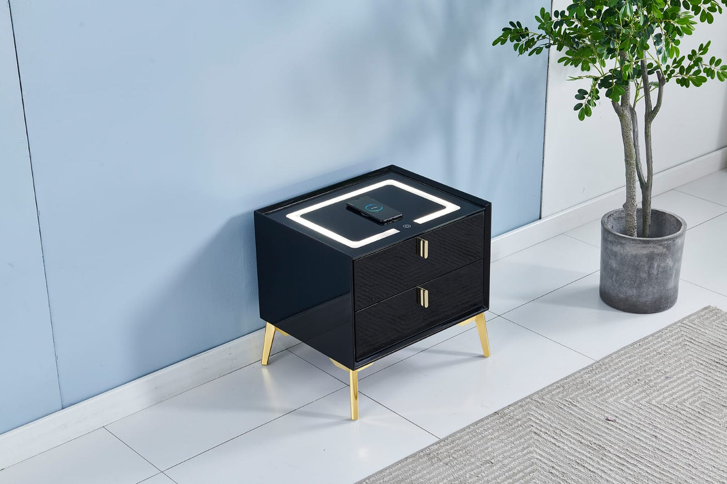 Grey LED induction bedside table with black feet