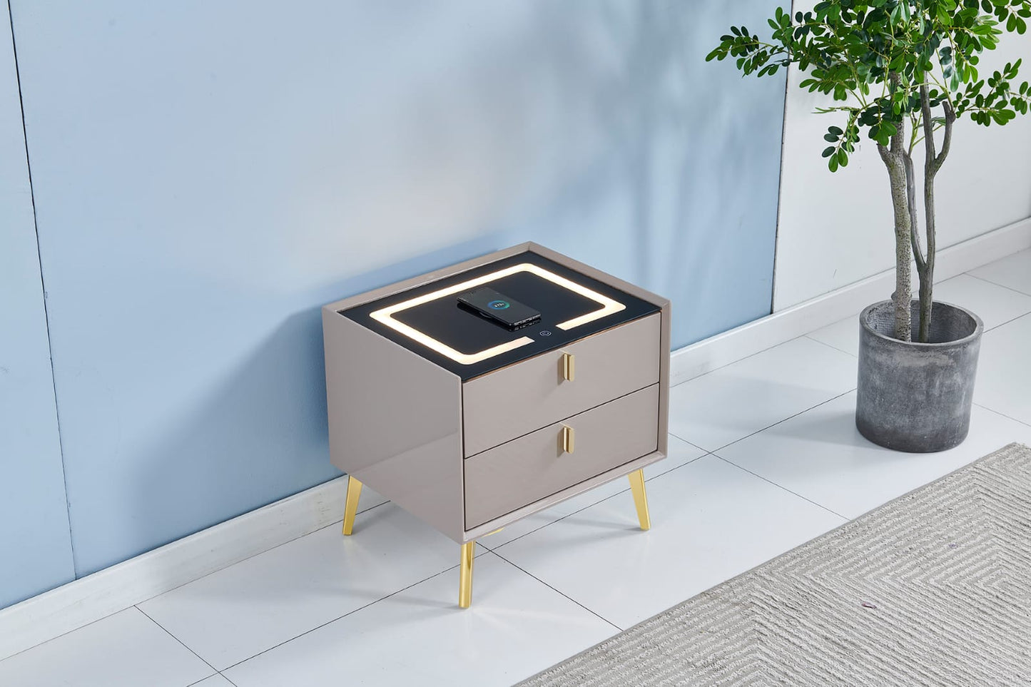 Black LED induction bedside table with gold feet