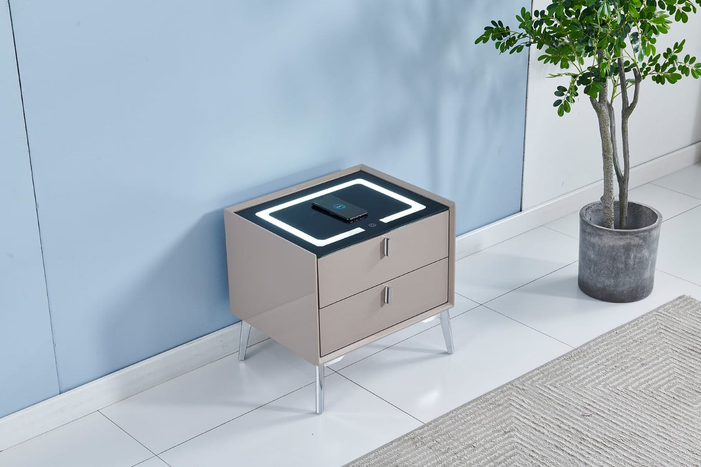 Grey LED induction bedside table with black feet