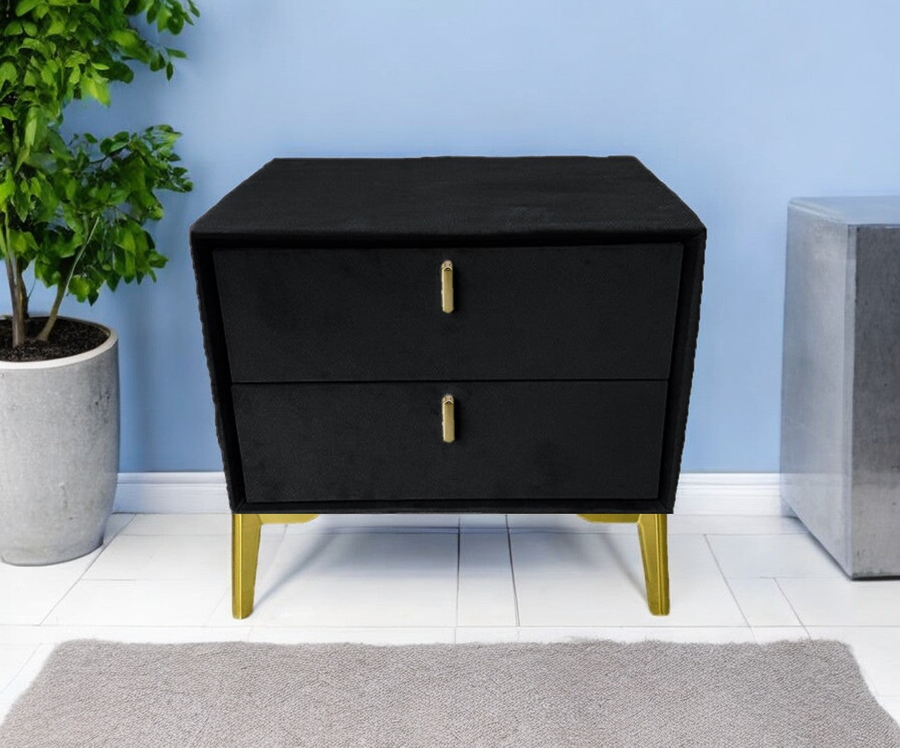 Grey velvet bedside table with silver legs