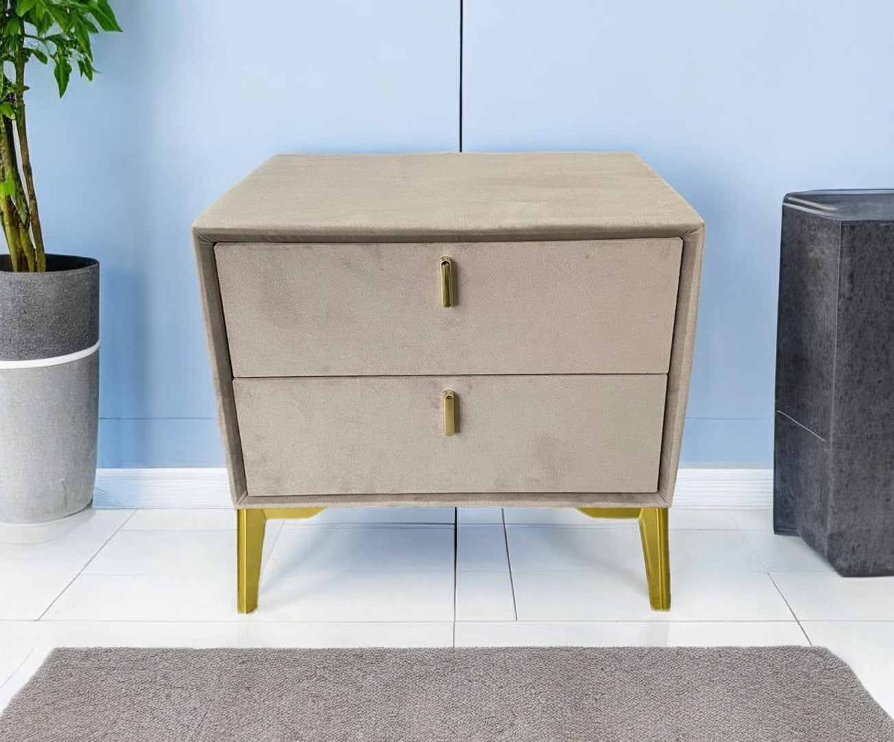 Black velvet bedside table with silver legs