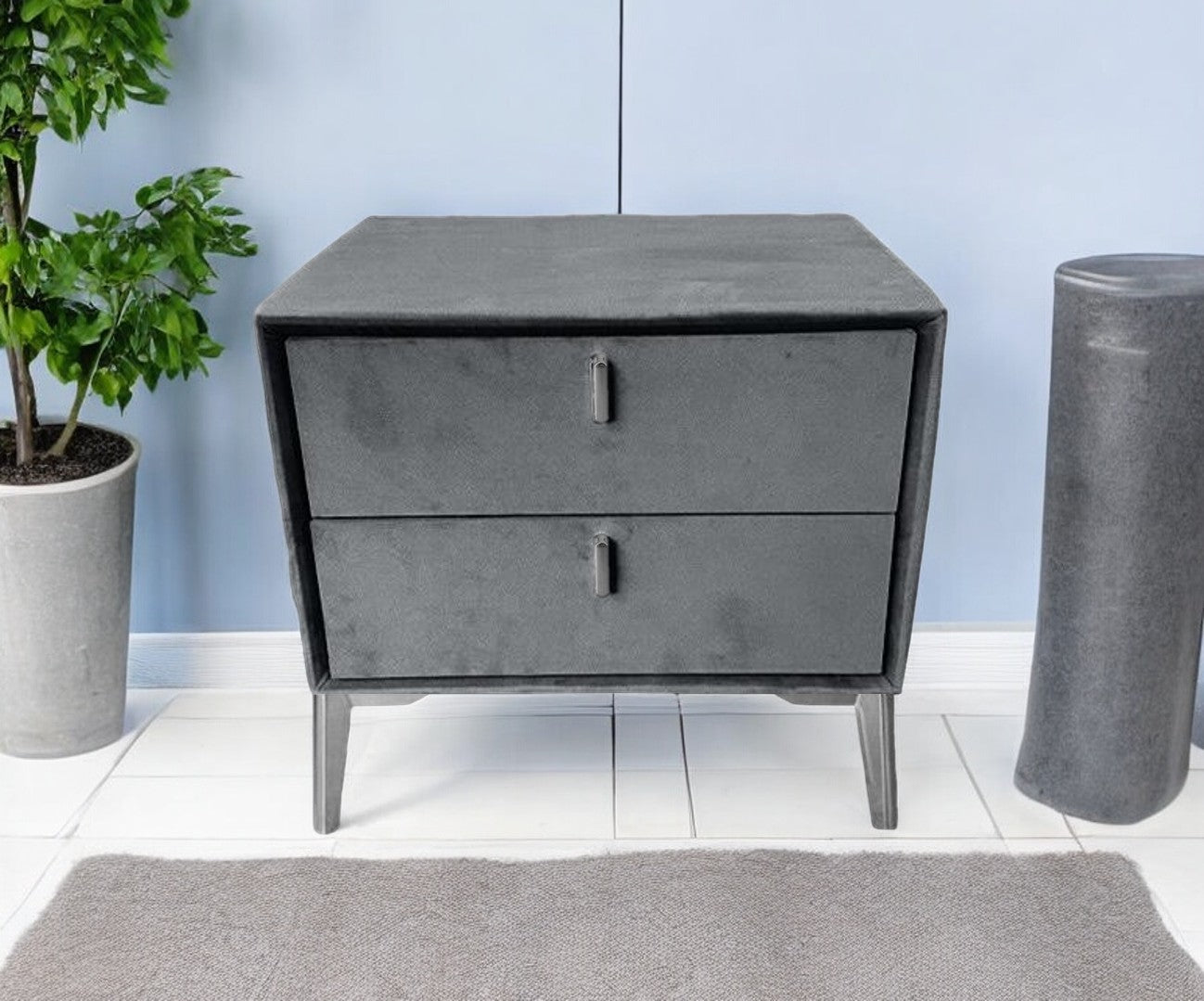 Grey velvet bedside table with silver legs